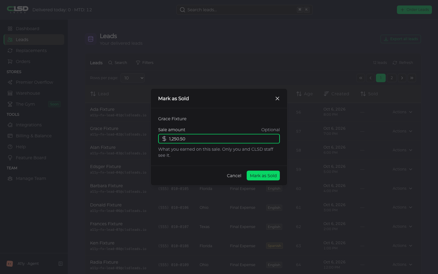 The Mark as Sold window with the optional Sale amount field filled in.